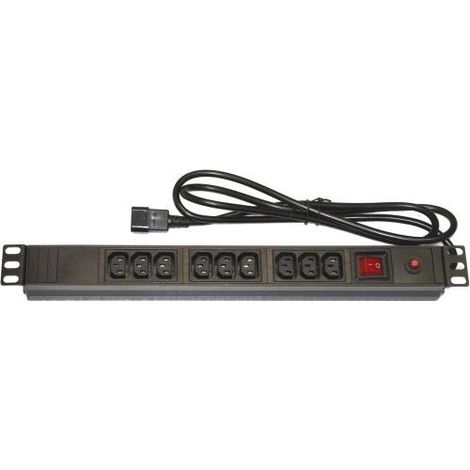 LINK multipresa LK10052 9 prese femmina IEC C13 per armadi rack 19" con protezione sovraccarichi e cavo 1,75 metri in metallo dimensioni 48,5x4,5x4,5 cm confezione 20 unità. Alette reversibili. (1/4)