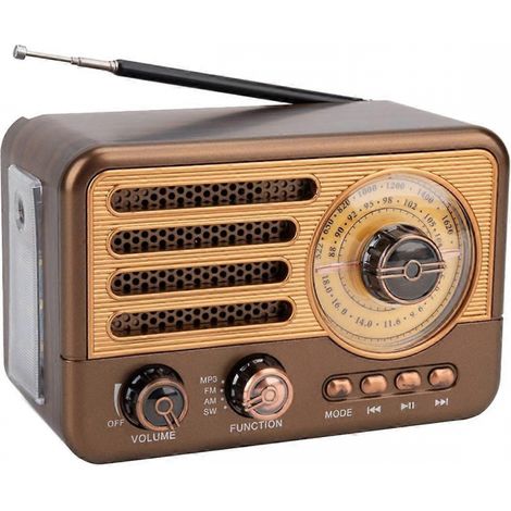 Enceinte Bluetooth radio rétro portable avec récepteur radio FM/AM, lampe torche LED et prise en charge des cartes TF, des ports USB et des entrées AUX. (1/4)