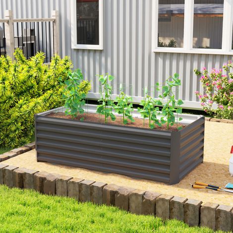 Gris 180x90x57,5 cm - Grande jardinière rectangulaire en acier galvanisé pour terrasse doté de base ouverte