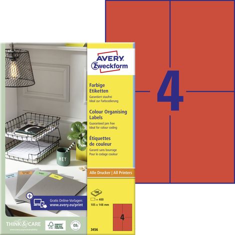 Avery Zweckform 3456 Farbige Etiketten, A4, 105 x 148 mm, 100 Bogen/400 Etiketten, rot (1/5)