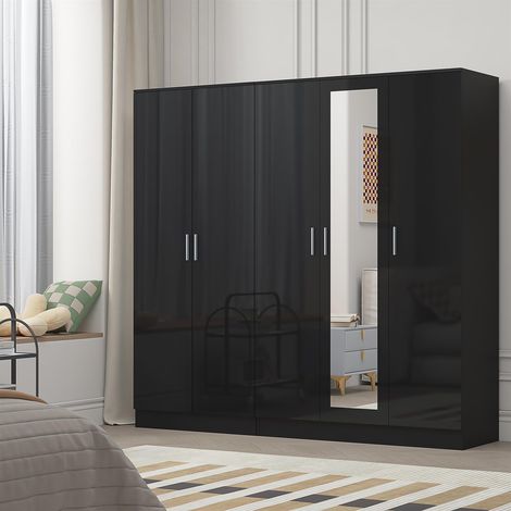 Reflect 2pc Wardrobe Bundle - 3 Door Mirror + 2 Door Plain - Black Gloss & Black Oak