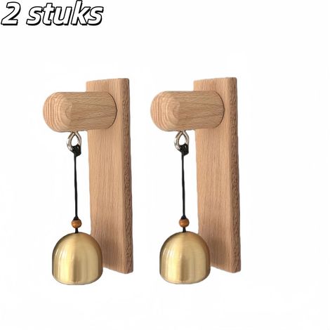 Lot de 2 sonnettes vintage en bois avec cloche en laiton, carillon éolien autocollant pour magasin et porte, jaune (1/4)