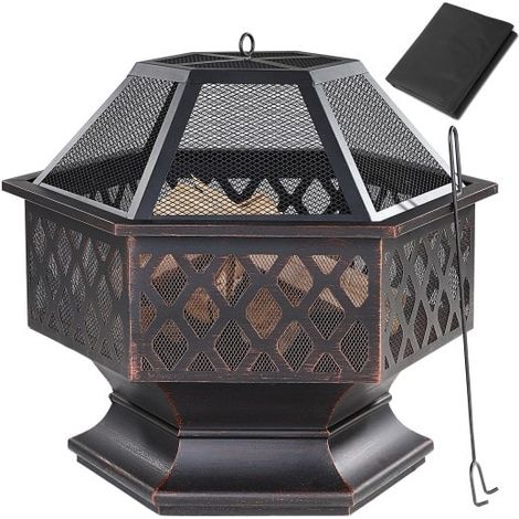Braséro de jardin hexagonal 70 cm imitation bronze. Idéal Terrasse. Avec accessoires couvercle (1/5)