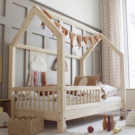 Letto cabana 90x200 con sponda e rete a doghe incluse gambe 10 cm Sofia Bois