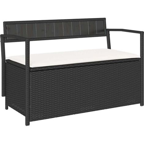 Banc de rangement de jardin avec coussin noir, en résine tissée. (1/5)