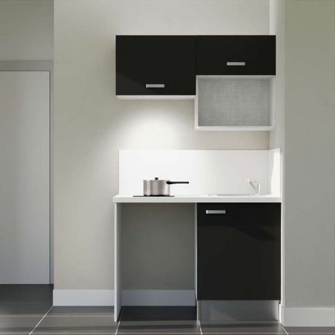 Kitchenette K02 Noir - Plan de travail Blanc - Crédence : Oui - Evier Inox