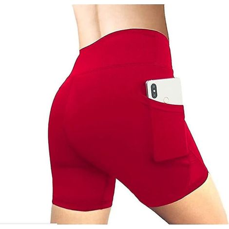 Short de sport femme à taille haute élastique avec poche pour téléphone, couleur unie, taille L, bordeaux, idéal pour le yoga et la course à pied. (1/5)