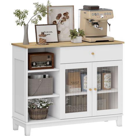 Aparador para salón con puertas de cristal templado, cajón, 3 compartimentos abiertos y estantes ajustables, color blanco. (1/5)