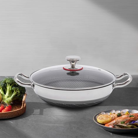 Sartén de alta calidad de acero inoxidable con tapa 12.59 pulgadas, apta para inducción, cerámica y eléctrica, antiadherente, buena calidad (1/5)