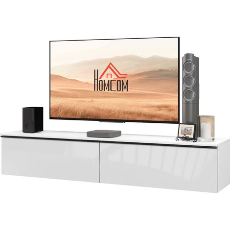 Meuble TV suspendu blanc effet brillant, support TV jusqu'à 70 pouces
