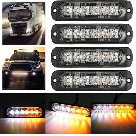 4pcs 12-24V Ultra Mince Voyant Barre D'alarme Stroboscopique d'urgence Lampe- 6 LEDS Bande lumineuse D'avertissement de Flash Camion Moto Voiture - Ambre & Blanc (1/5)