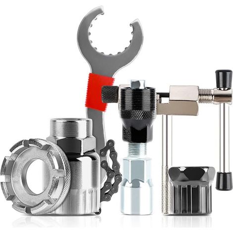 Kit d'outils de réparation vélo (6 pièces) : démonte-cassette 3-en-1, extracteur de manivelle, dérive-chaîne et clé à rayons (1/5)