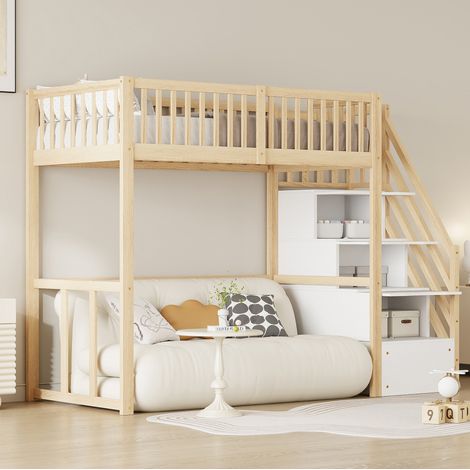 Lit mezzanine 90x200 cm avec escalier de rangement et bureau, en bois naturel, sans matelas (1/5)