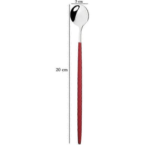 Ensemble de 4 cuillères à glace, dessert et thé en acier inoxydable à long manche (20 cm), cuillères à café colorées, couverts de cuisine, rouge et argent. (1/5)