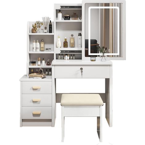 Coiffeuse élégante avec miroir lumineux et tabouret rembourré, éclairage LED réglable 3 couleurs, 4 tiroirs, blanc, 85×36×130 cm