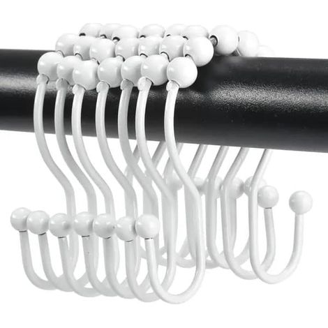 Lot de 12 crochets de rideau de douche en métal, double crochet avec roulettes, acier inoxydable plaqué, résistant à la corrosion, blanc, pour rail O≤3,2 cm, (1/5)