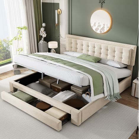 Cama tapizada 160/200 cm beige de terciopelo con almacenaje y cabecero regulable (1/5)