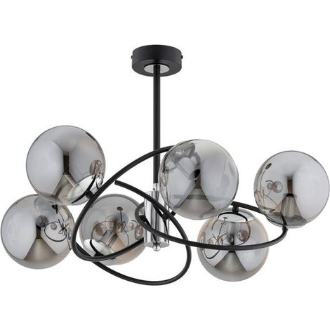 Alfa WIROMAT Modern 6-Light Ceiling Lamp 66cm, Smoked Glass Globe Shades, Black Metal with Chrome Accents, 6x E14 Max 10W, Dimmable Indoor Flush Mount