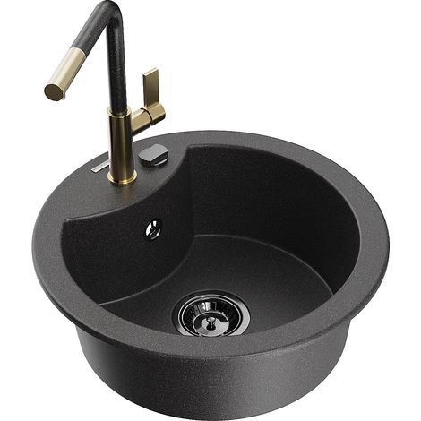 Mexen Diego fregadero de granito de 1 cubeta con grifo de cocina Flora, negro moteado - 6512-76-670401-75-B (1/5)
