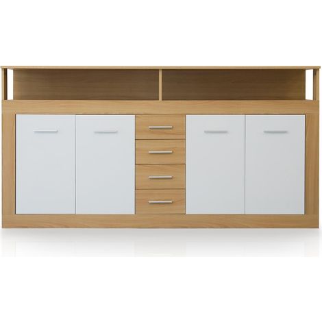 Buffet contemporain L190cm 4 portes er 4 tiroirs Lunata Bois sonoma et Blanc