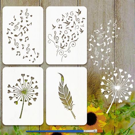 4Pcs Pochoir de Peinture de Notes de Musique Avec Pinceau en Plastique 21x29.7cm Plumes Pissenlits Modèle de Dessin Motif de Cœur D'Amour Pochoir Modèle de Thème de Musique pour Meubles (1/5)
