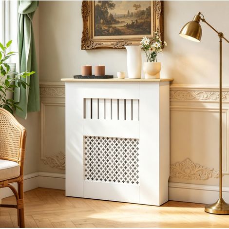 Cache-radiateur blanc 78 x 19 x 81 cm en MDF et bois, façade à lamelles, plateau étagère, circulation de chaleur facilitée, fixation murale sécurisée pour salon/chambre – CHICFURN (1/5)
