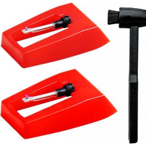Two ruby styluses for phonographs and record players, and one black brush.