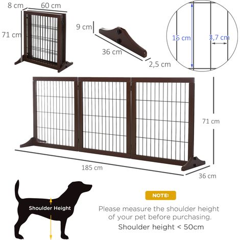 Barrière pour chien autoportante avec pieds, 185 x 71 cm, en bois, idéale pour les escaliers, portes, cuisine et couloir. 3 panneaux, marron. (1/5)