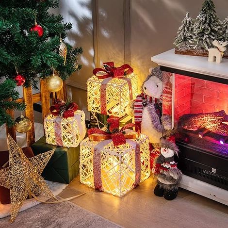GOPLUS Lot de 3 Boîte Cadeaux LED, Boites à Cadeaux Lumineux à Piles avec nœuds Rouges, 60 Lumières LED et Minuterie 6 Heures, Décoration de Noël Lumineuse pour Intérieur et Extérieur (1/5)