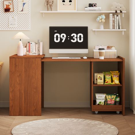 Scrivania pieghevole 126x55x75 cm 2 in 1, scrivania e contenitore, 4 scomparti, ruote, color noce (1/5)