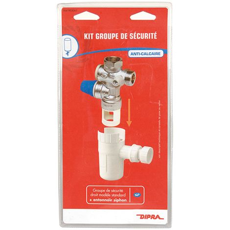 Dipra – Kit groupe de sécurité vertical anticalcaire – Filetage F 20/27 – Pression 7 bars – Certifié NF – Entonnoir siphon inclus