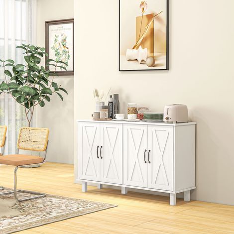 Meuble de rangement buffet bas 4 portes avec étagères réglables en hauteur style campagne longueur 120 cm blanc