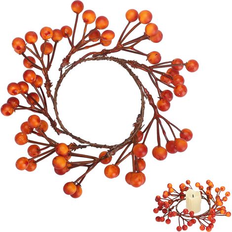 Couronne de bougie orange et baies, décoration automnale, en mousse et fil de fer. (1/5)