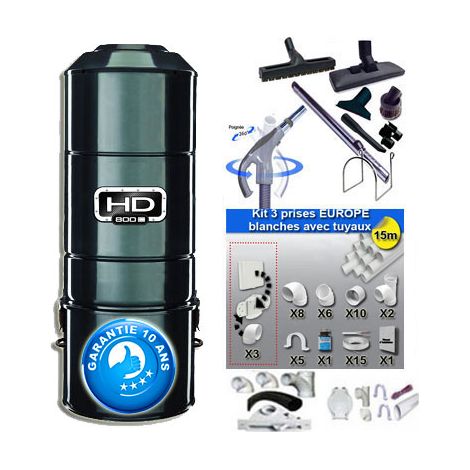 Atepac – Aspirateur central sans sac ni filtre HD800C – Dépression 3175 mmCE – Débit d’air 205 m³/h – Surface jusqu’à 350 m² – Kit complet 8 accessoires