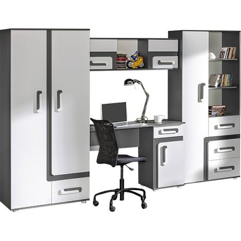 Mobilier1 – Chambre d'enfant complète anthracite et blanc – 4 pièces en stratifié – Bords protégés ABS – Fabriqué en Union Européenne (1/5)