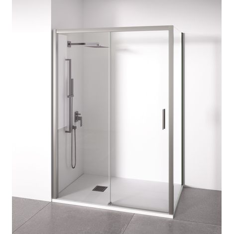 Mampara de ducha angular 1 corredera + 2 fijos - sin perfilería inferior - Cristal transparente templado 6mm - Plata Brillo - Ancho adaptable 95-100 x 67-70cm - Posición puerta derecha - Alto 195cm (1/5)