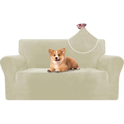 Sofabezug Samt 2 Sitzer, elastisch, rutschfest, haustierfreundlich, beige (1/5)