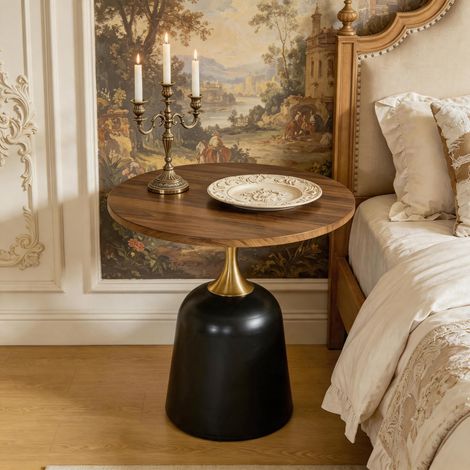 Table d'appoint ronde Ø 60 cm Bout de canapé en métal et mélaminé effet noyer et noir - PANGIVO (1/5)