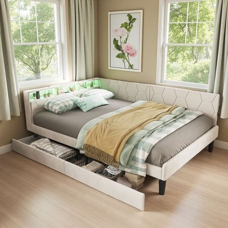 Doppelbett 140x200 cm für Erwachsene, Gepolstertes Bett 140x200 cm mit 2 Schubladen, für 2 Personen, Schlafsofa mit LED, Lattenrost, Beige Samt