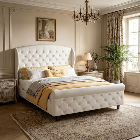 Lit Adulte 140x200 cm, Lit capitonné Velours Blanc, Cadre de Lit Design avec Tête de Lit Ailée, Style Européen (1/5)