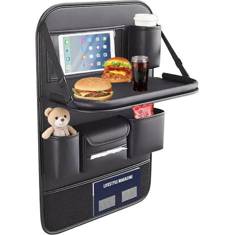 Compartimento de almacenamiento negro para el asiento trasero del coche con bandeja plegable, bolsa de almacenamiento multifuncional para juguetes infantiles, iPad y botellas, piel sintética PU imperm (1/4)