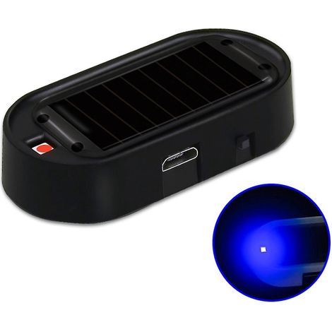 Fausse alarme lumineuse LED factice pour voiture, gyrophare solaire antivol clignotant, boîtier noir, lumière bleue. (1/5)