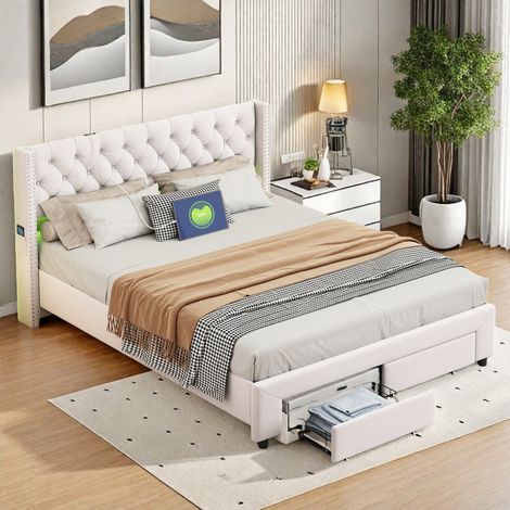 Lit coffre rembourré 140 x 190 avec 2 tiroirs–Lit double beige 140 x 190–Tête de lit avec bandeau lumineux LED–Ports USB et Type-C–Velour beige (1/5)