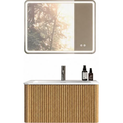 Badmöbel-Set mit LED-Spiegel, 80 cm Waschtisch, wandhängend, Eichenoptik, vormontiert (1/2)