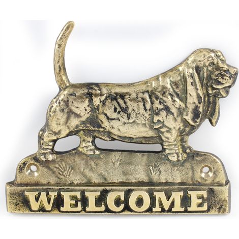 Basset Hound - cartello porta con un cane, targa di benvenuto in ottone, cartello unico con la scritta Welcome di Art-Dog (1/4)