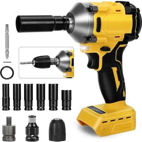 Clé d'impact sans fil, pistolet d'impact sans brosse 1000Nm 1/2 pouce compatible avec Dewalt 18 V 21 V, pilote d'impact électrique 3 vitesses de réglage et 12 accessoires -NO batterie (1/5)