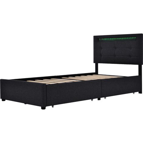 Polsterbett 90x200 cm mit LED, 2 Schubladen, verstellbarem Kopfteil, Holzlattenrost, Schwarz (1/5)