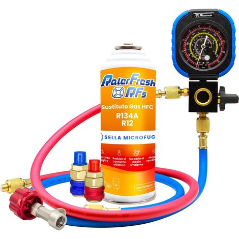 Gas Refrigerante Ralerfresh RFs para aire acondicionado de coche o nevera, sustituto gas R12 y R134A con kit Manometro (1/5)