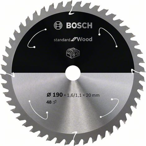 Bosch Akku-Kreissägeblatt Standard for Wood, 190 x 1,6/1,1 x 20, 48 Zähne, Freiwinkel 15°, Spanwinkel 5°
