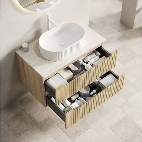 Meuble vasque avec lavabo ovale en céramique, plan en pierre frittée, 2 tiroirs à fermeture douce, blanc et bois clair, prémonté pour salle de bains – de FLORAGRACE (1/5)